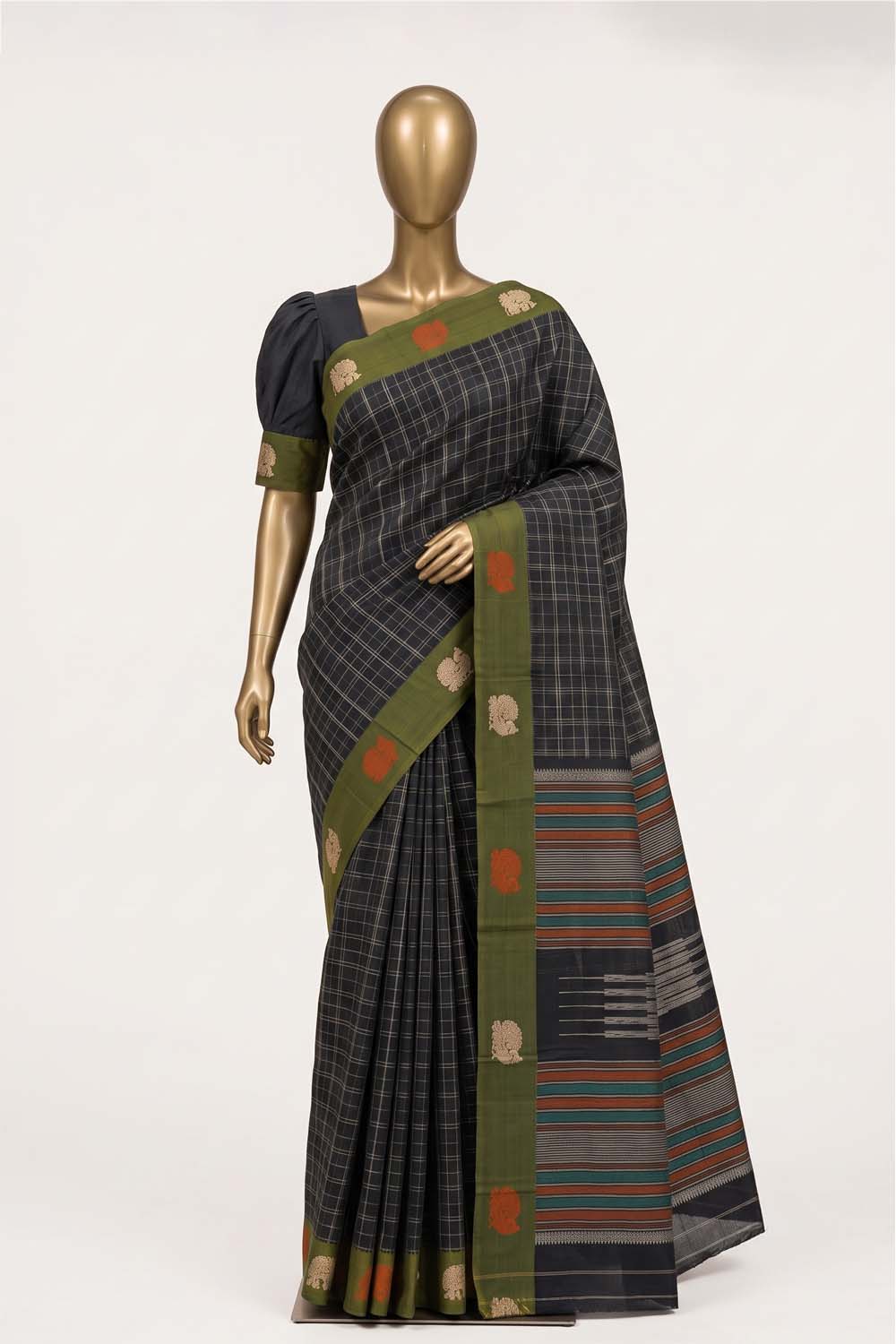 Image of South Cotton Kattam Black Saree