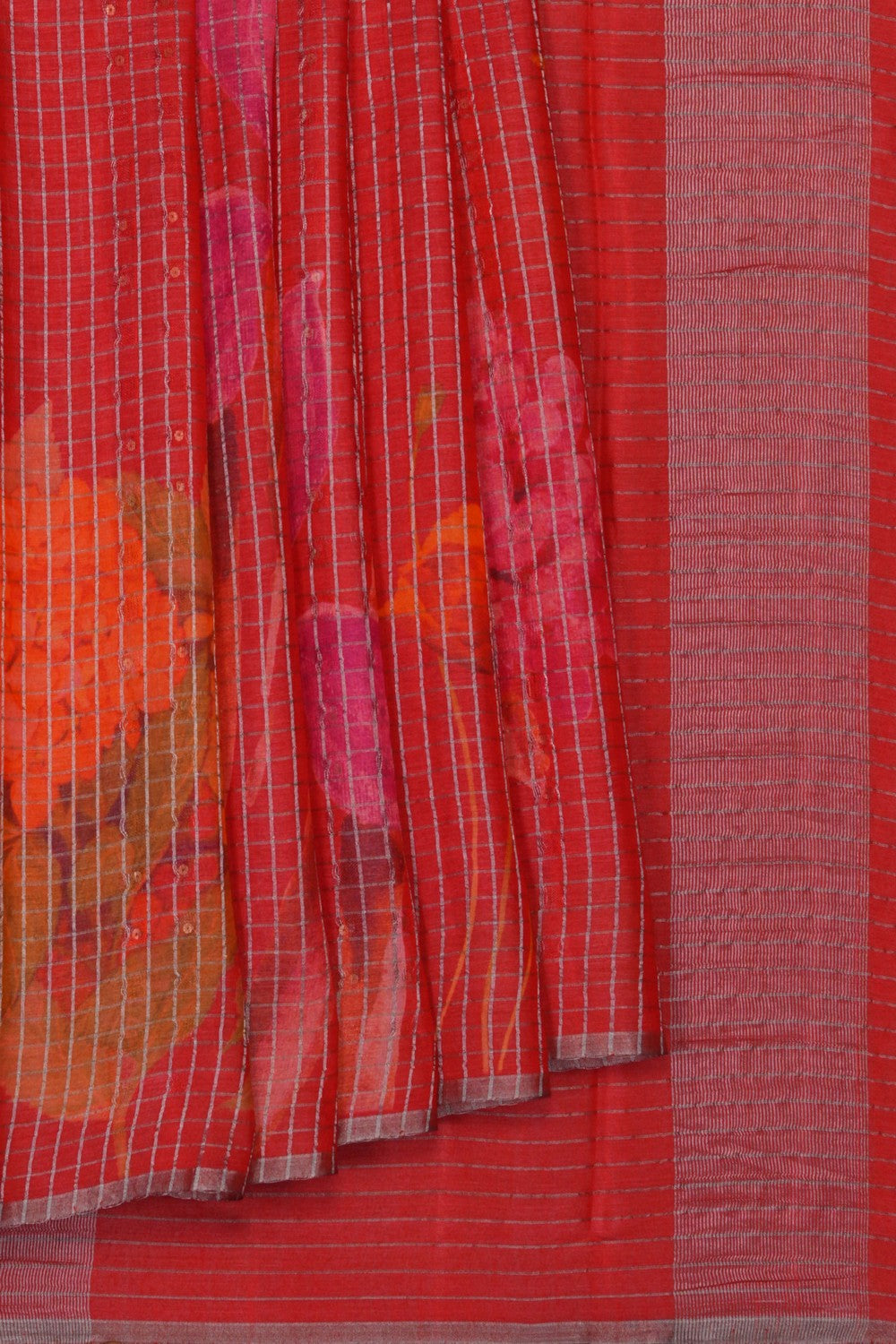 Image of Coral Red Desi Tussar Silk Saree