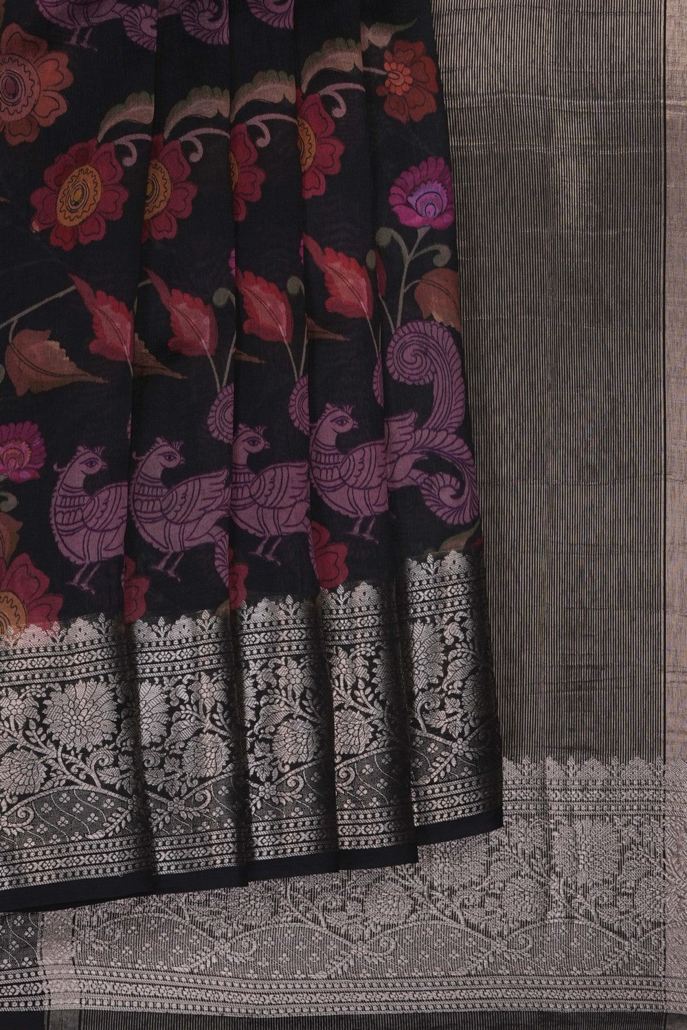 Image of Black Floral Printed Kora Saree