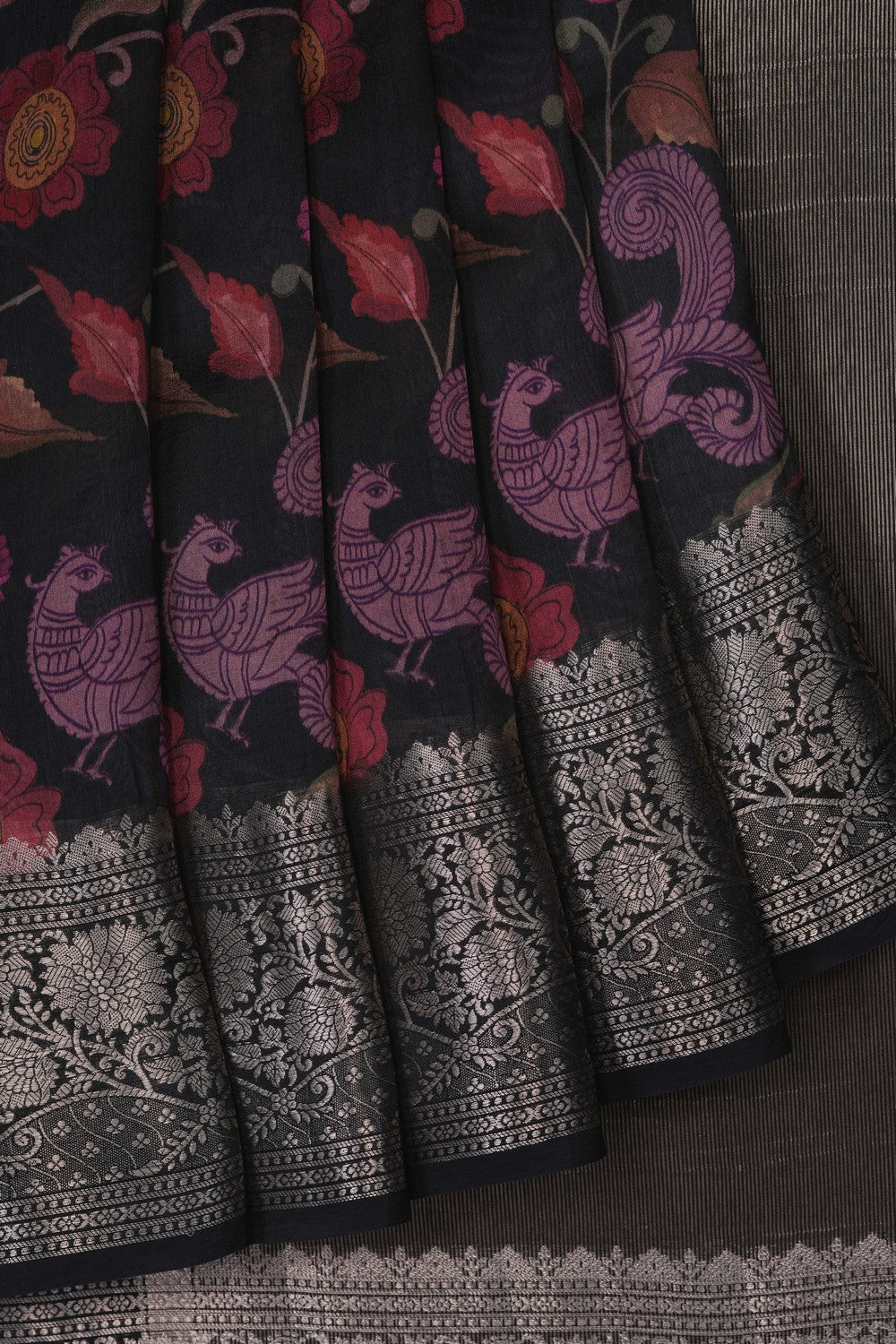 Image of Black Floral Printed Kora Saree