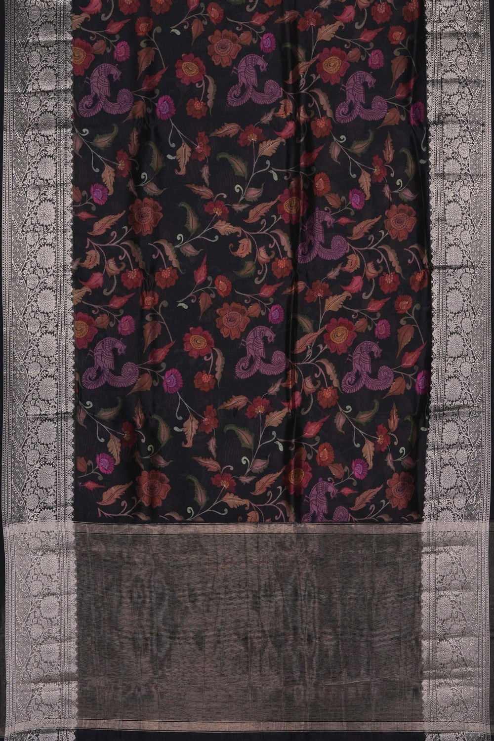 Image of Black Floral Printed Kora Saree