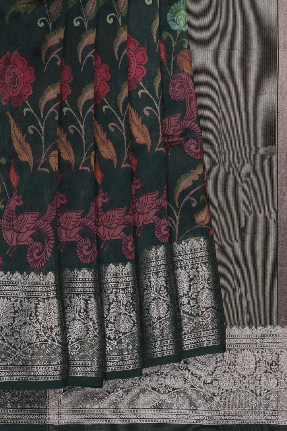 Image of Bottle Green Floral Printed Kora Saree