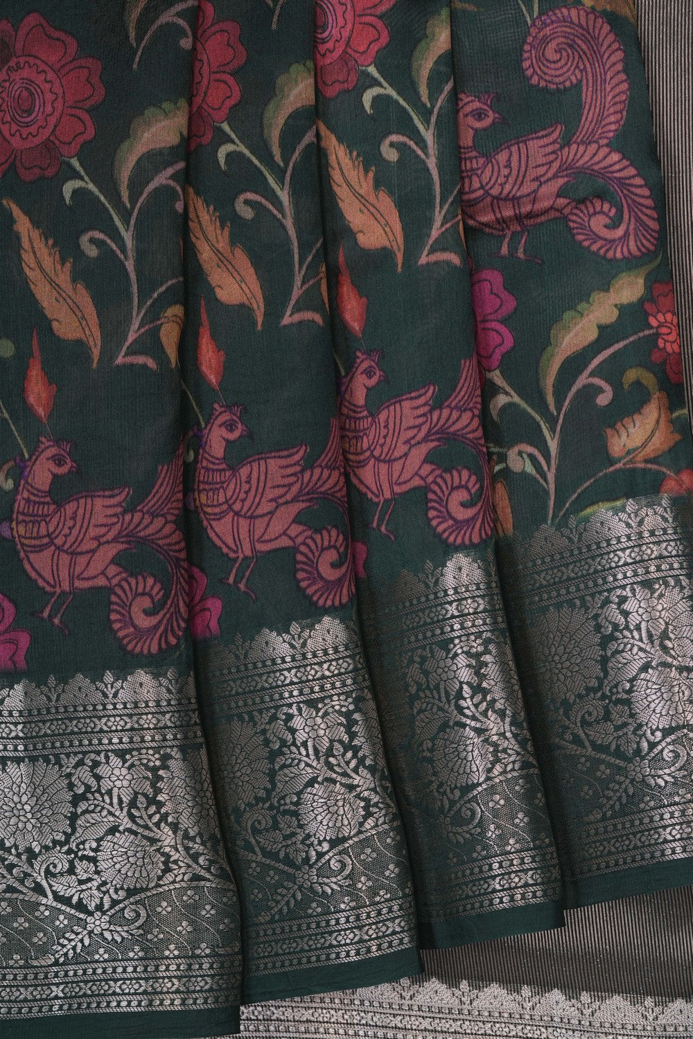 Image of Bottle Green Floral Printed Kora Saree