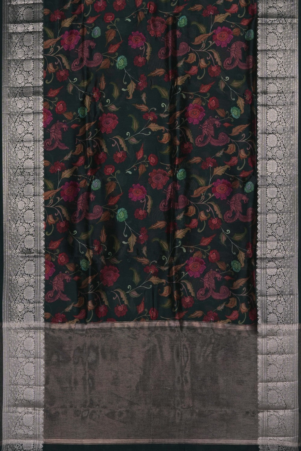 Image of Bottle Green Floral Printed Kora Saree