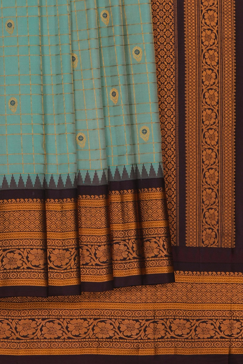 Image of Gadwal Silk Sea-Green Kattam Saree