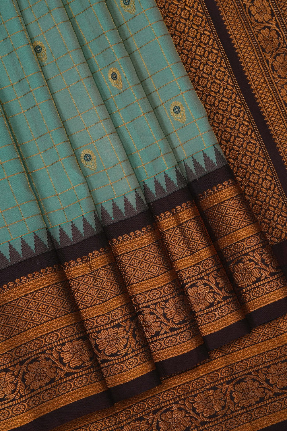 Image of Gadwal Silk Sea-Green Kattam Saree