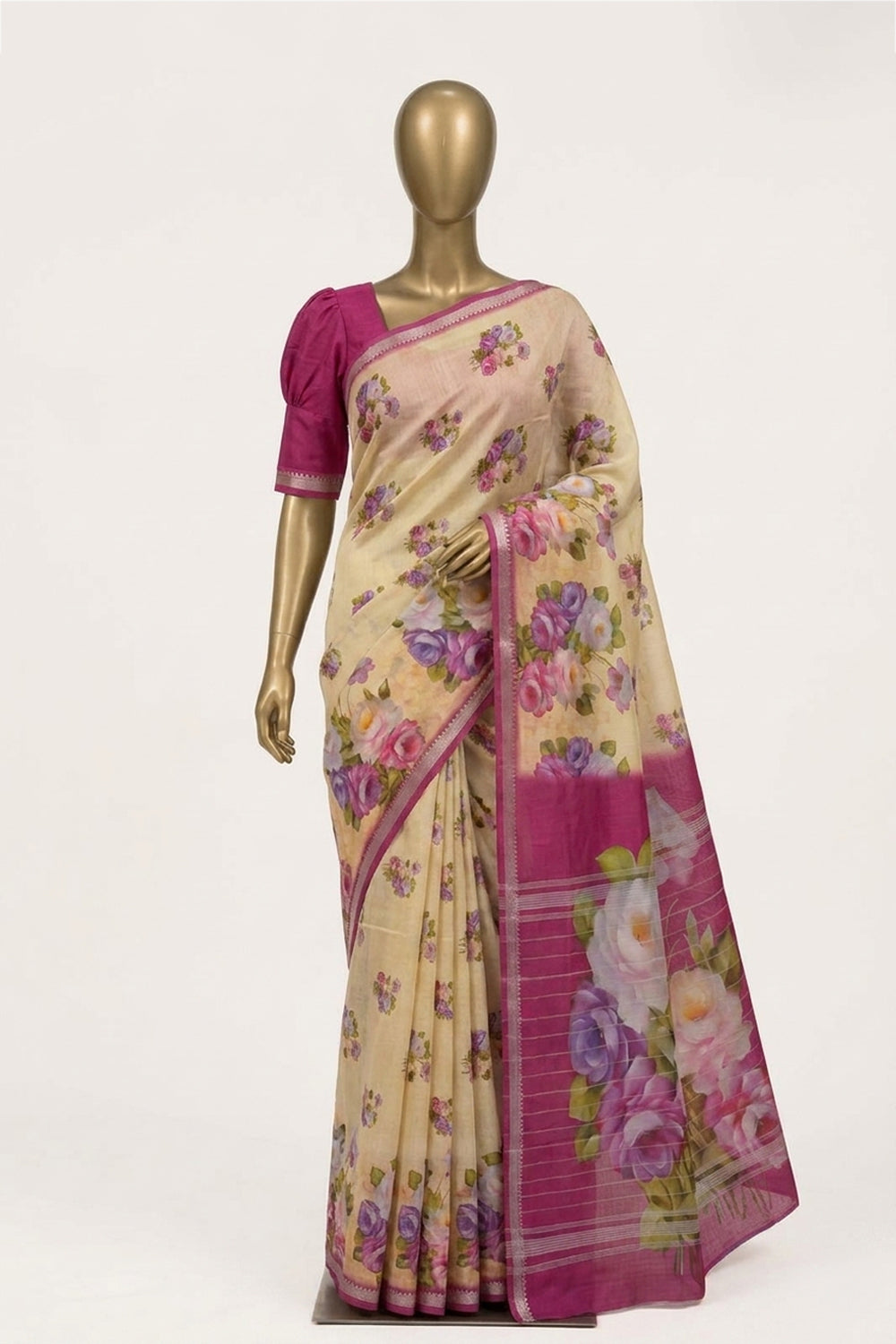Image of A Floral Print Mangalagiri Silk Saree