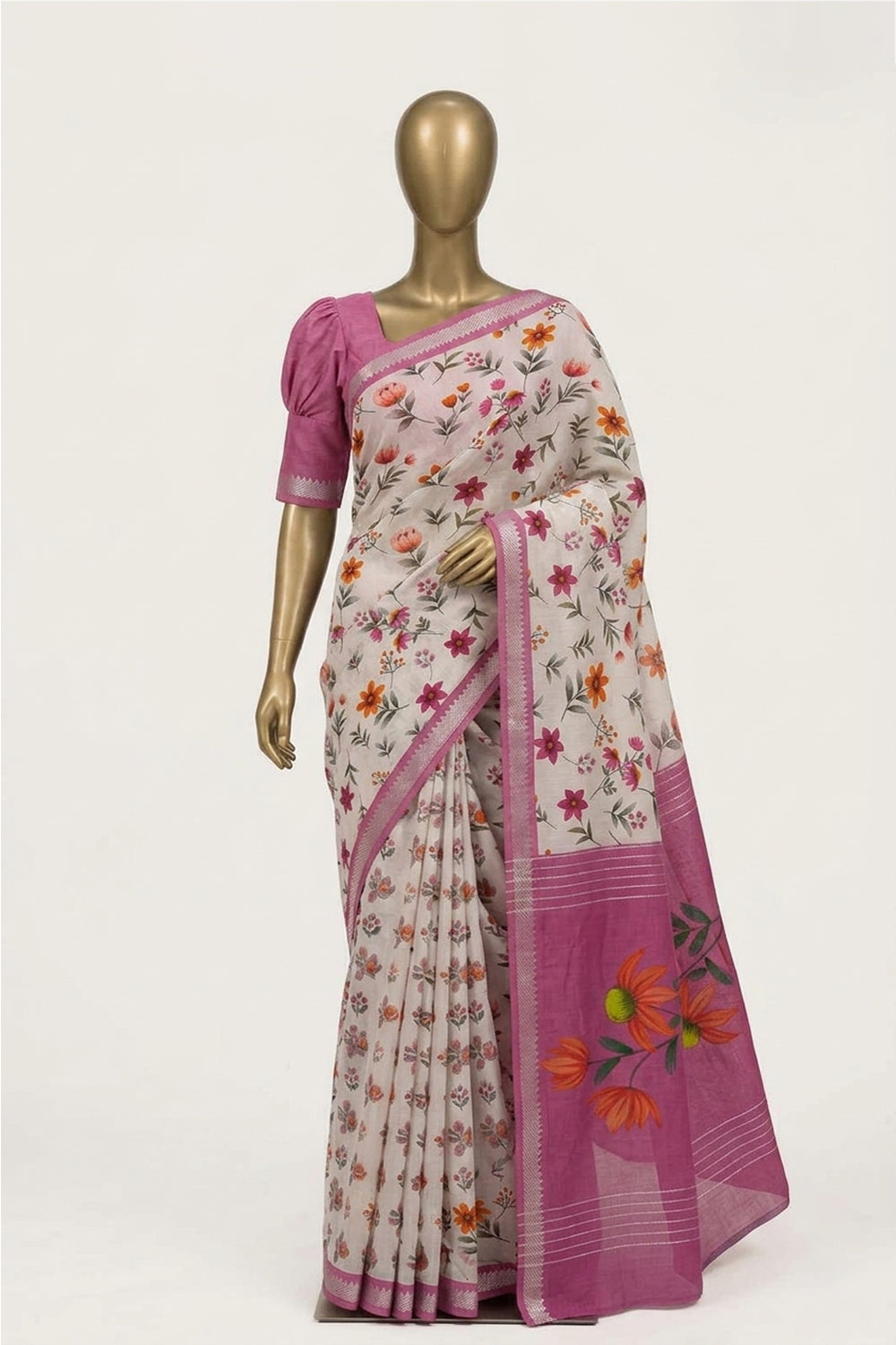 Image of A Floral Print Mangalagiri Silk Saree