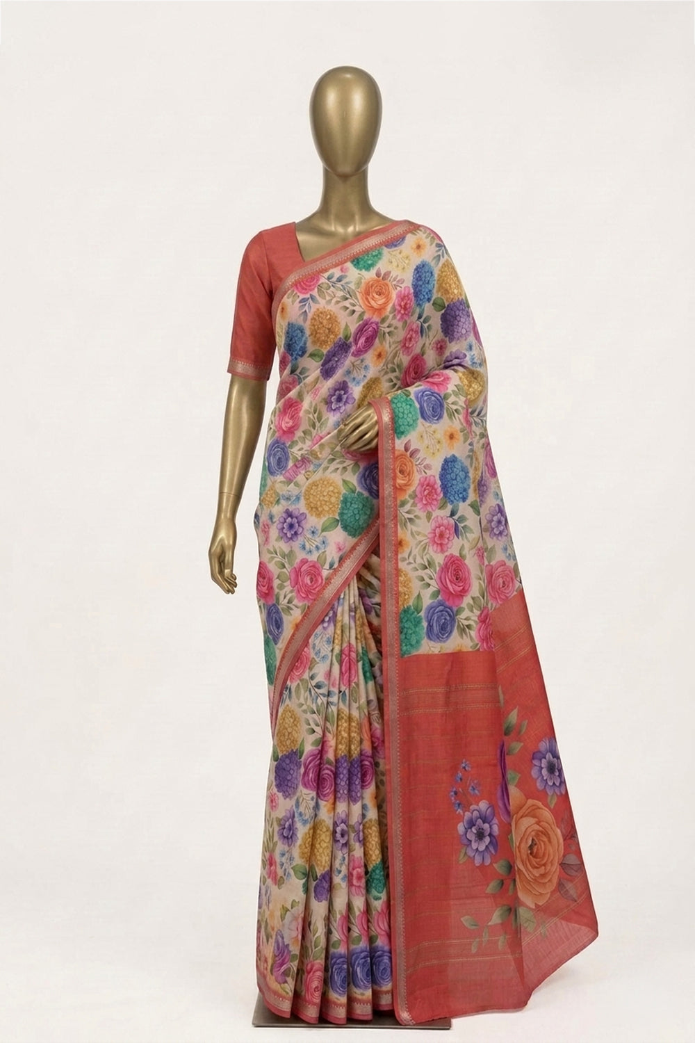 Image of A Floral Print Mangalagiri Silk Saree