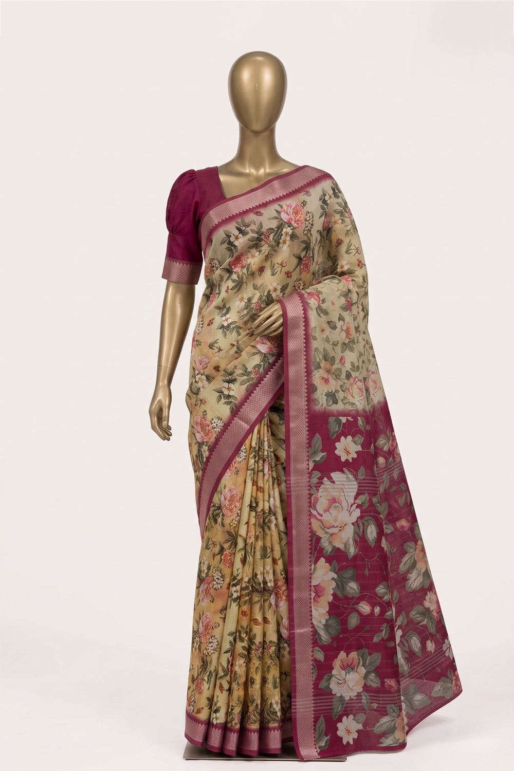 Image of A Floral Print Mangalagiri Silk Saree