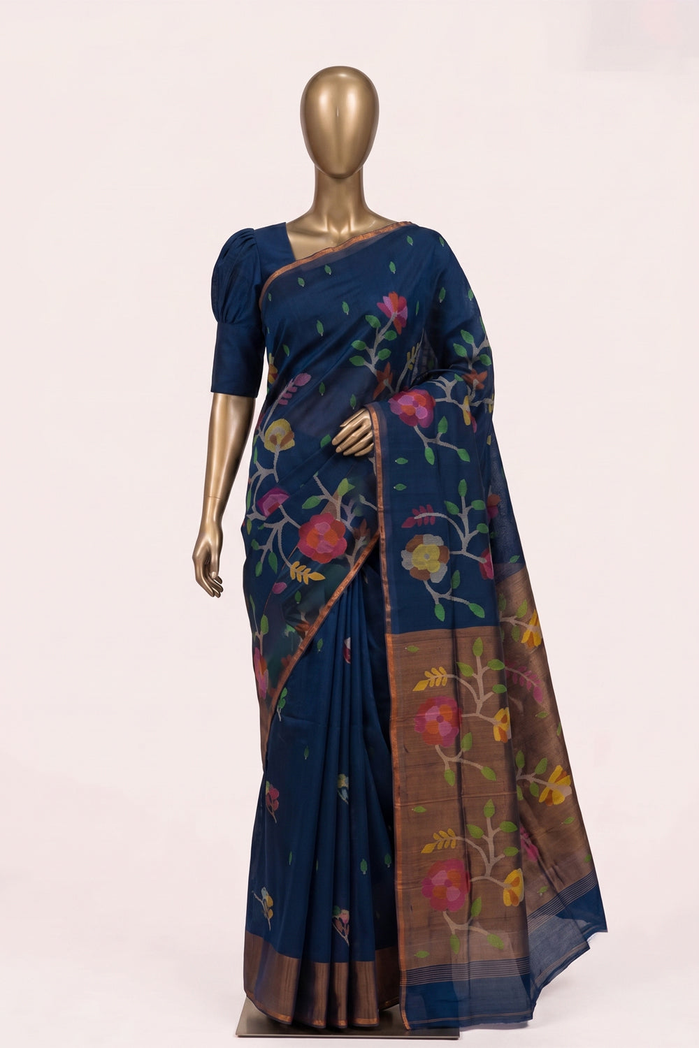 Image of Navy Blue Kora Silk Saree