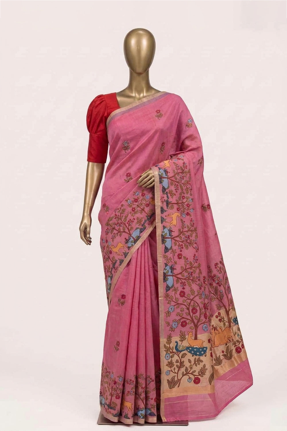 Image of The Elegant Coral-Pink Linen Saree