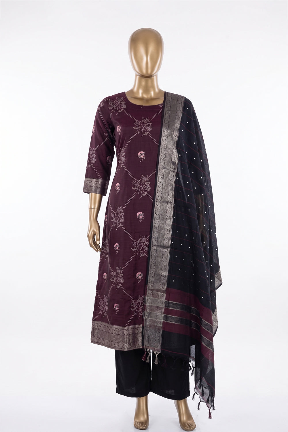 Image of Mangalgiri Embroidery Unstitched Suit Set Fabric (3 Pcs Set)