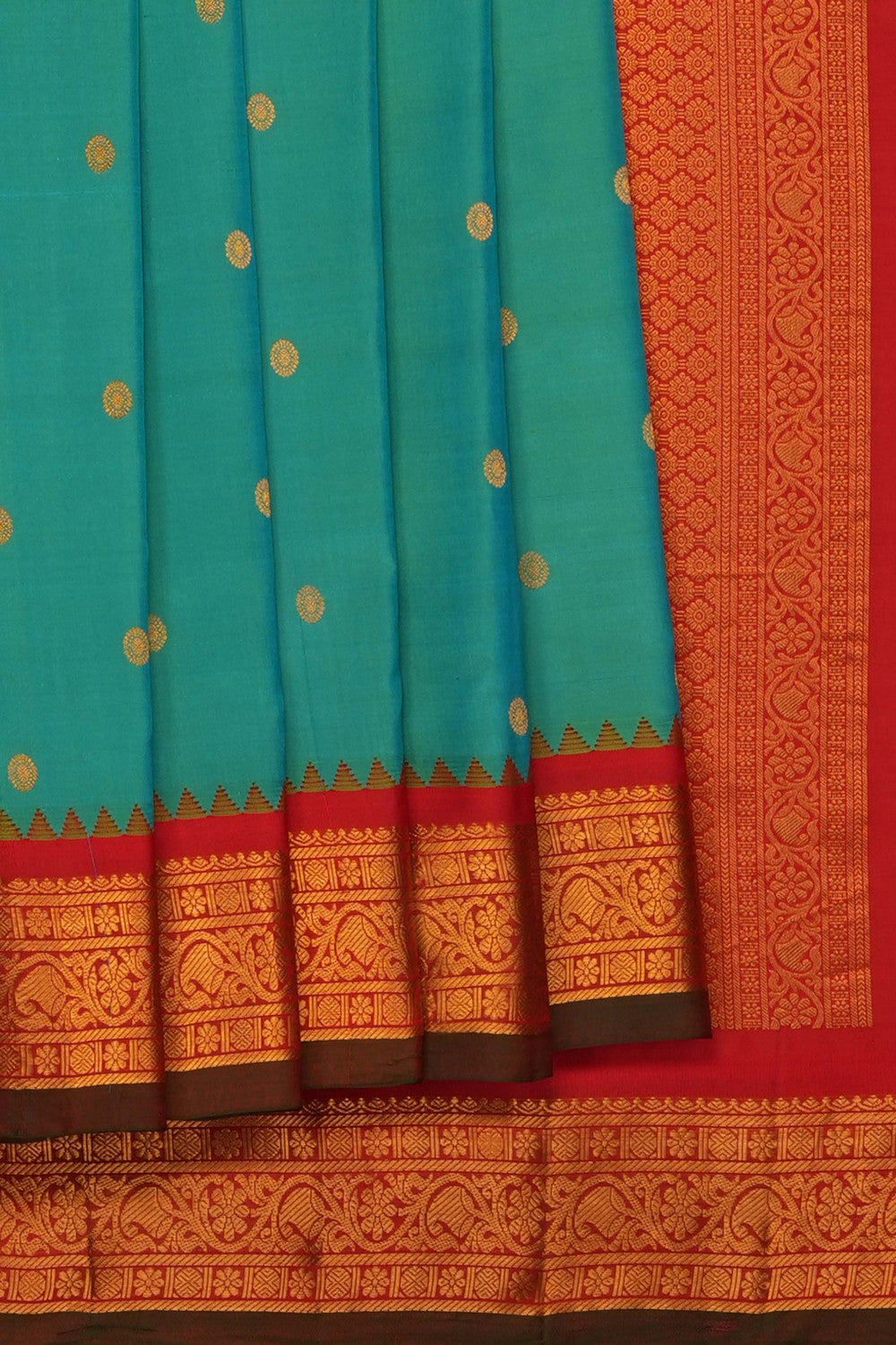 Image of Turquoise-Green Gadwal Silk Saree