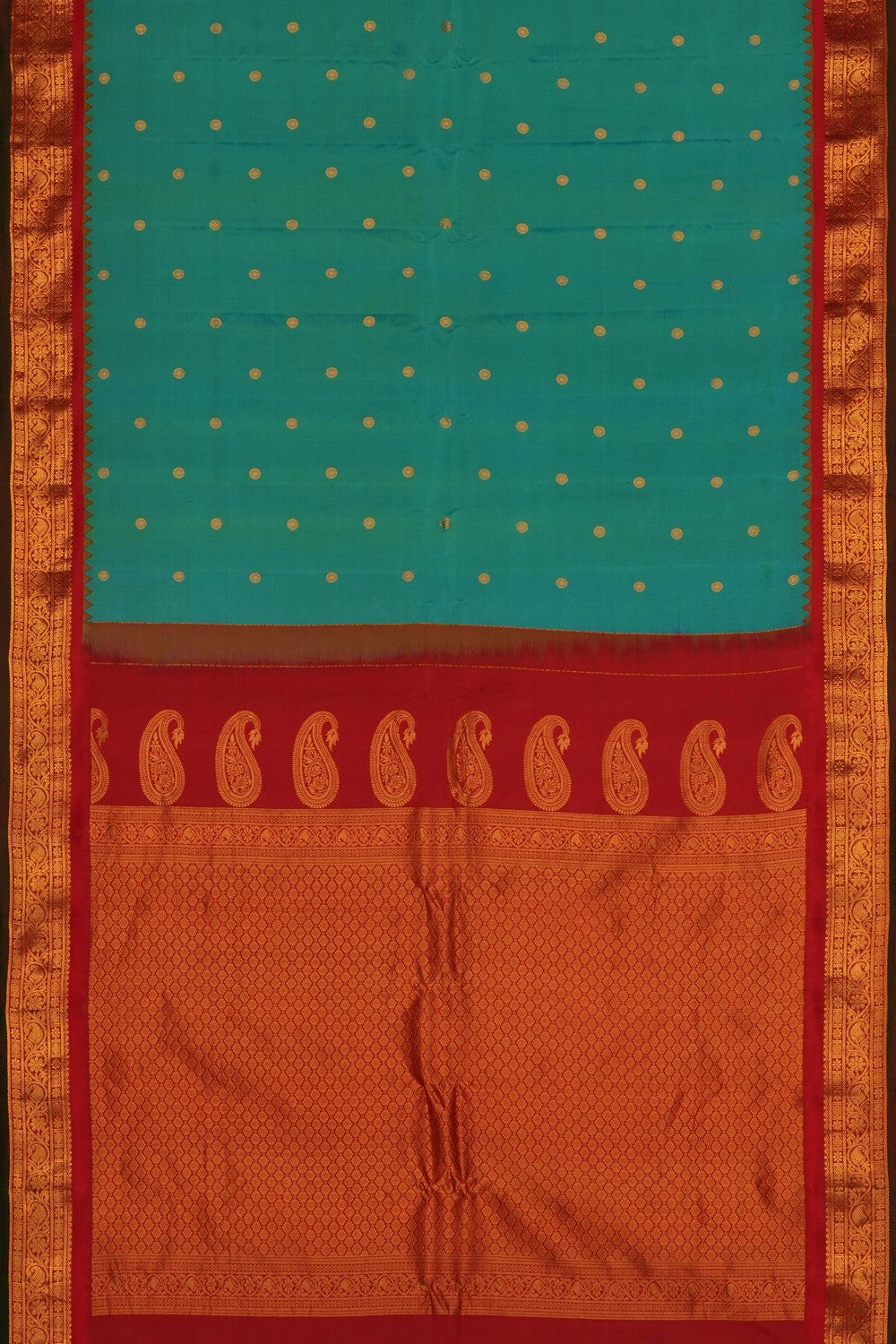 Image of Turquoise-Green Gadwal Silk Saree