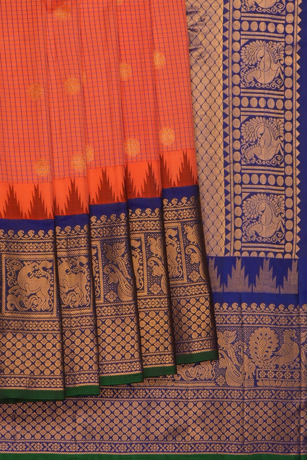 Image of Coral-Peach Gadwal Silk Kattam Saree