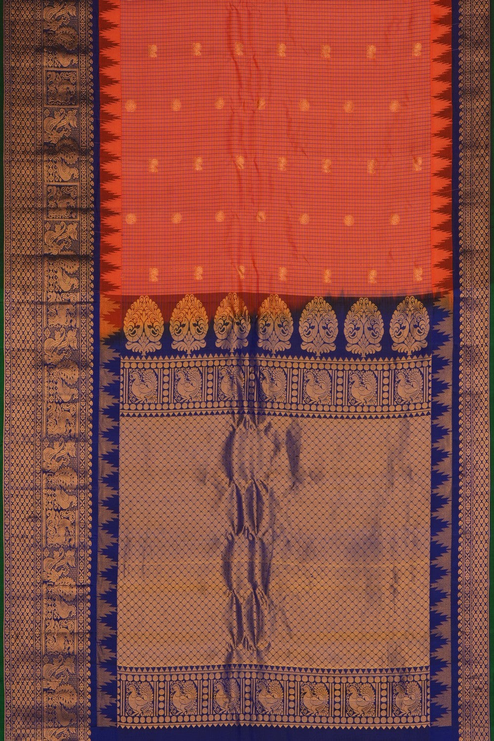 Image of Coral-Peach Gadwal Silk Kattam Saree