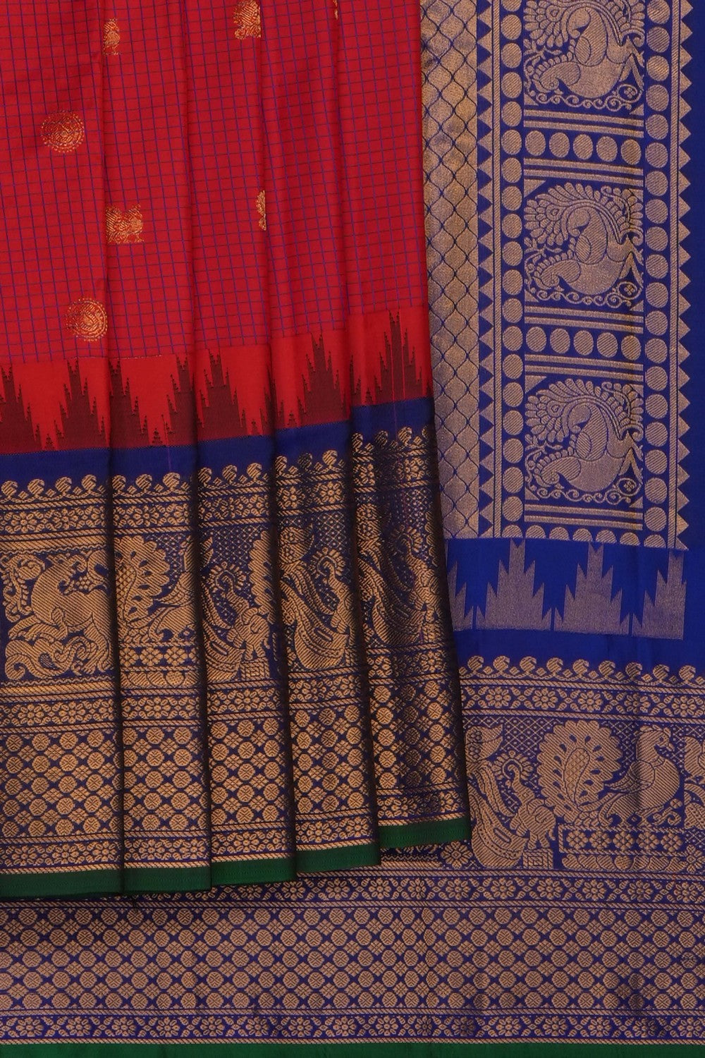 Image of Red Gadwal Silk Kattam Saree