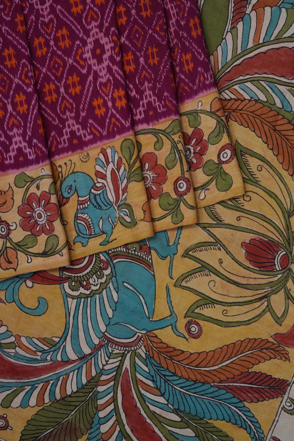 Image of A Fusion Kalamkari Pochampally Saree