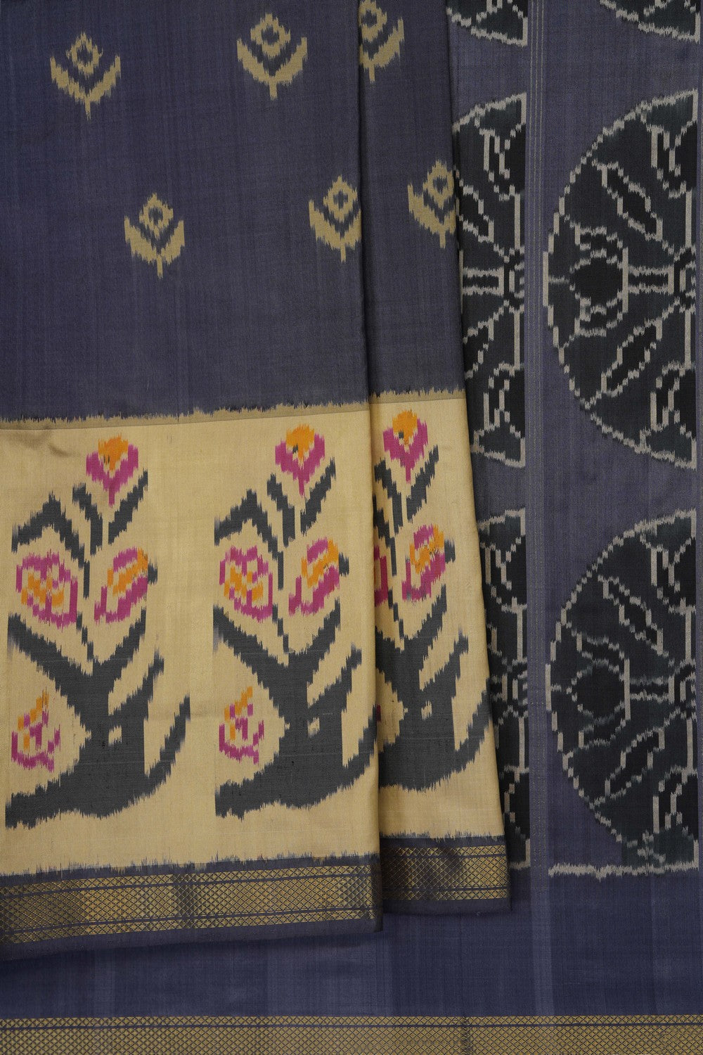 Image of Grey Pochampally Ikat Silk Saree