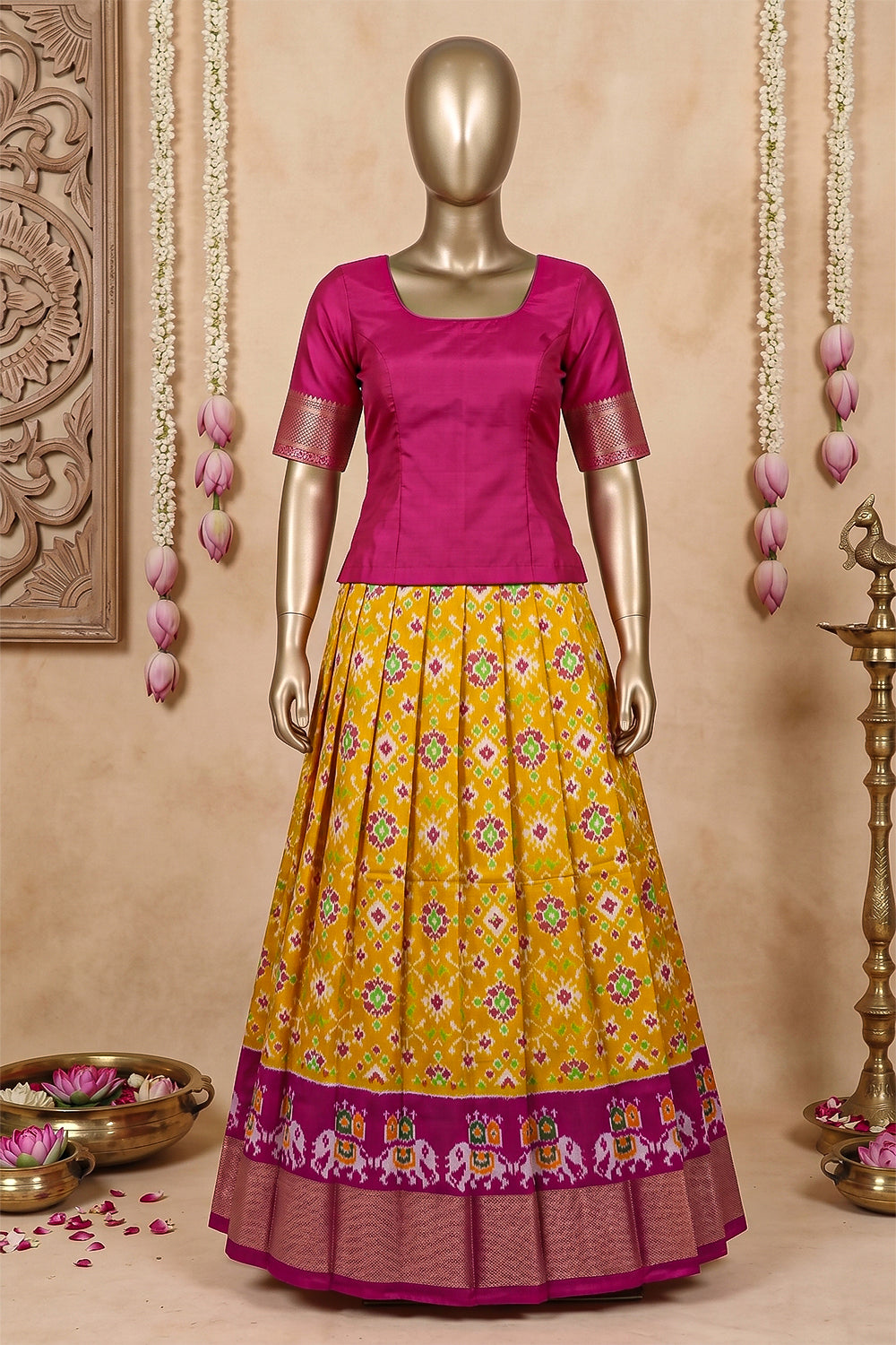 Image of Pochampally-Silk Pavada Unstitched Set