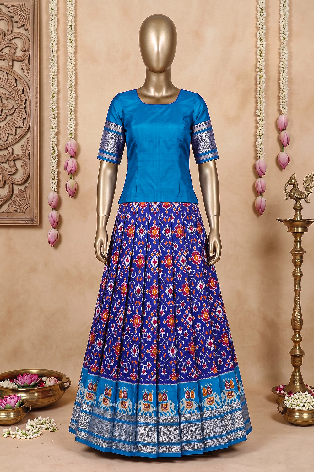 Image of Pochampally-Silk Pavada Unstitched Set