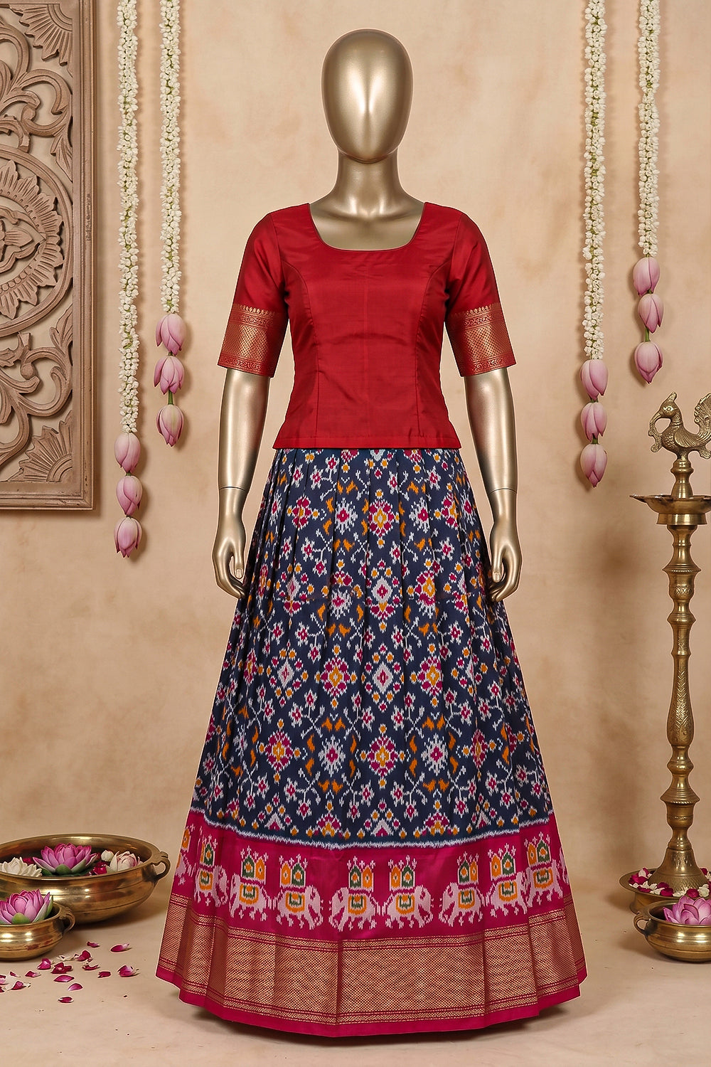Image of Pochampally-Silk Pavada Unstitched Set