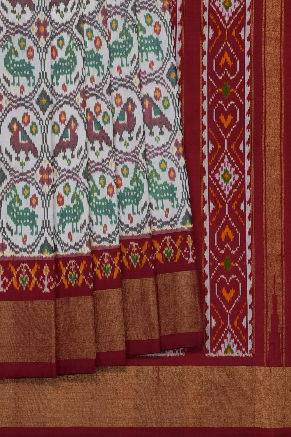 Image of White Pochampally Ikat Silk Saree