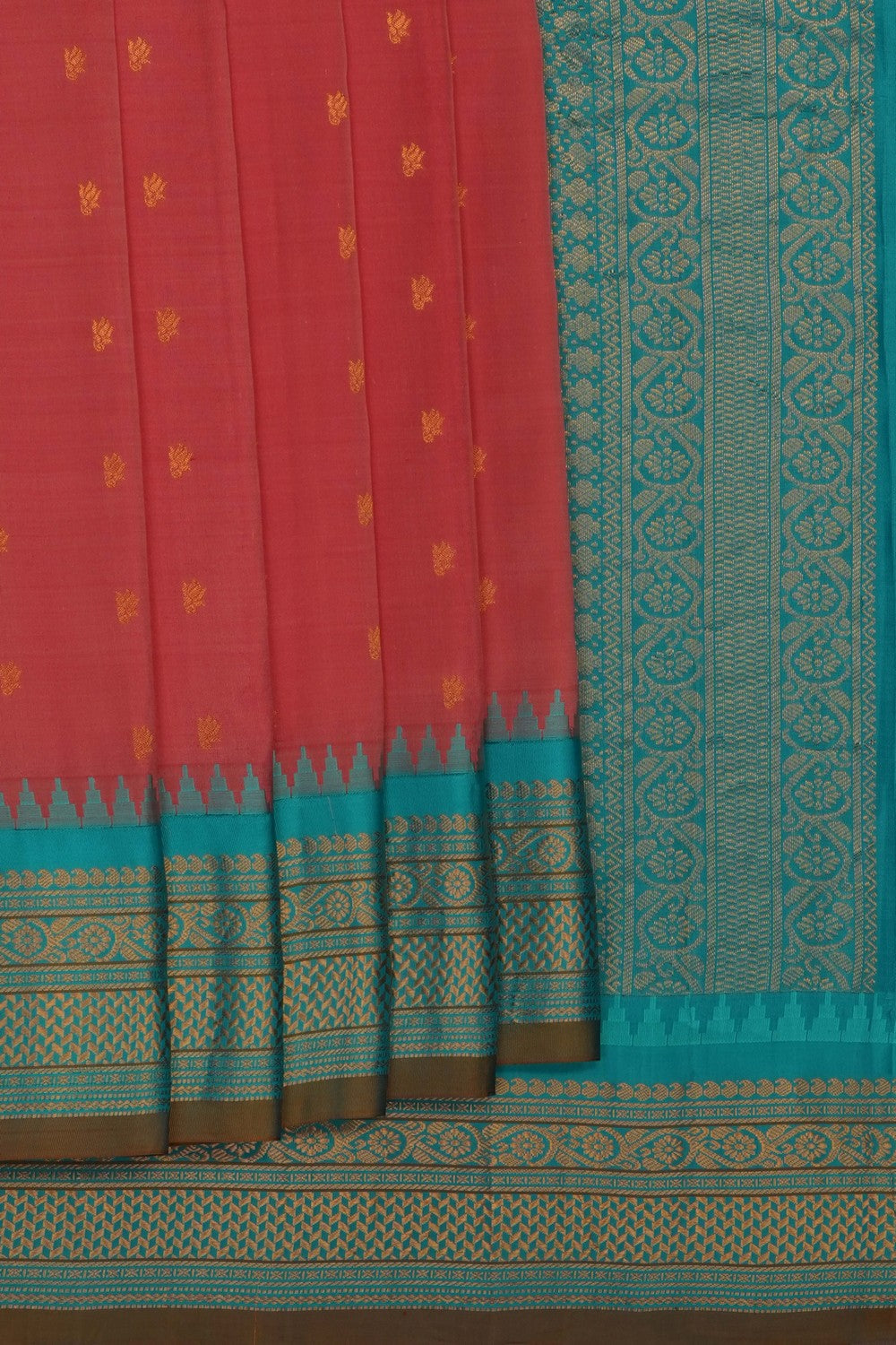 Image of Coral-Pink Gadwal Silk Saree