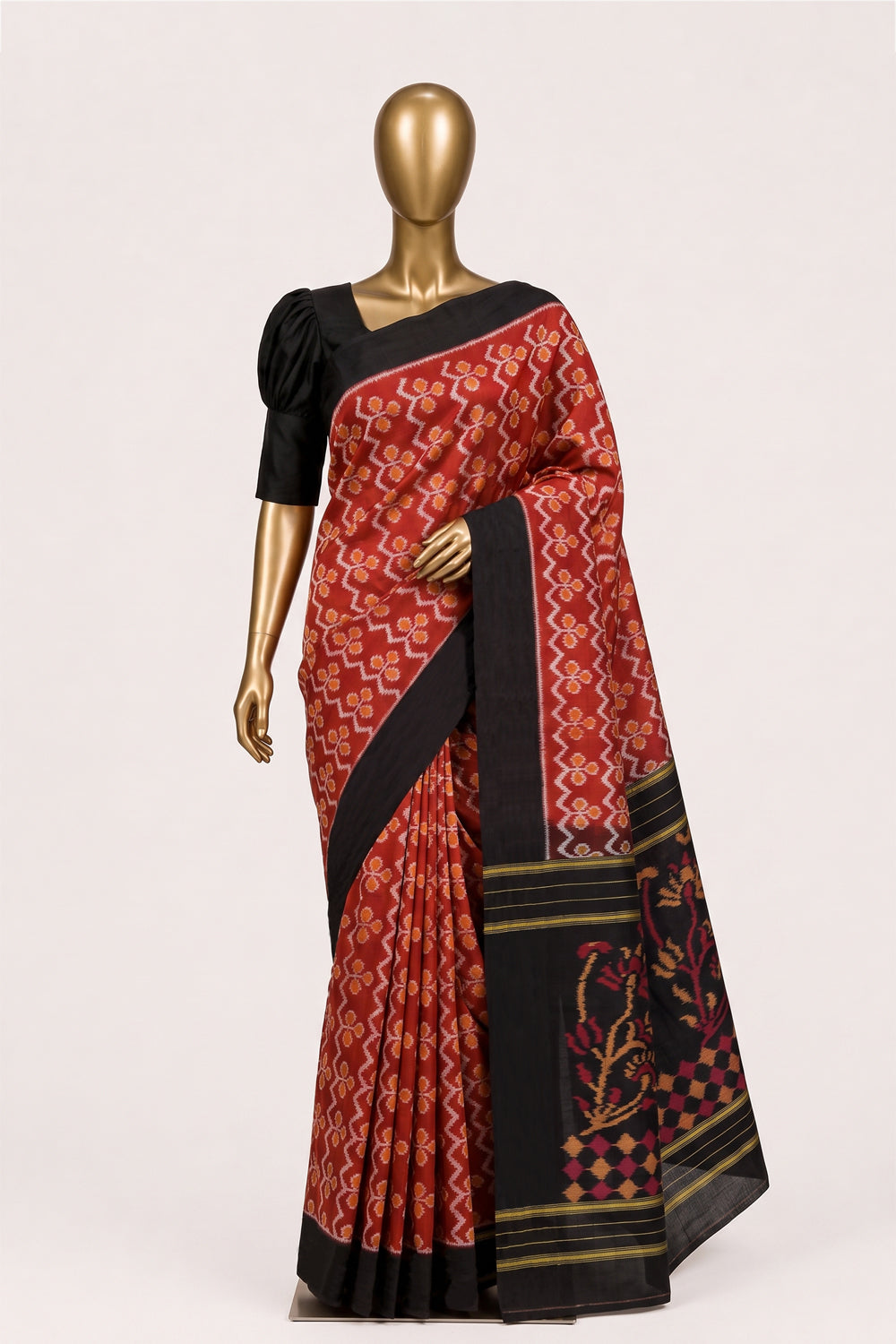 Image of Red Pochampally Ikat Cotton Saree