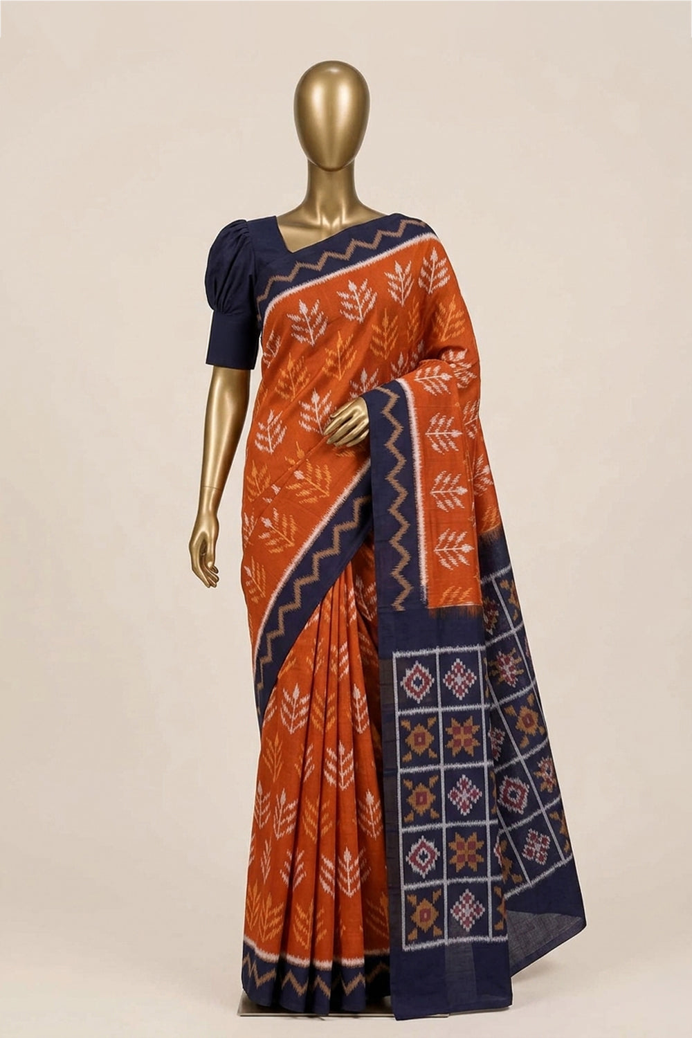 Image of Orange Pochampally Ikat Cotton Saree