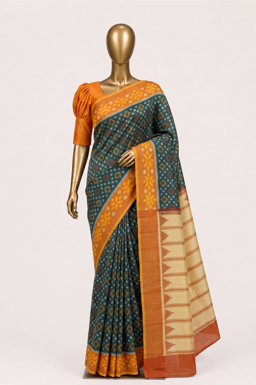 Image of Green Pochampally Ikat Cotton Saree