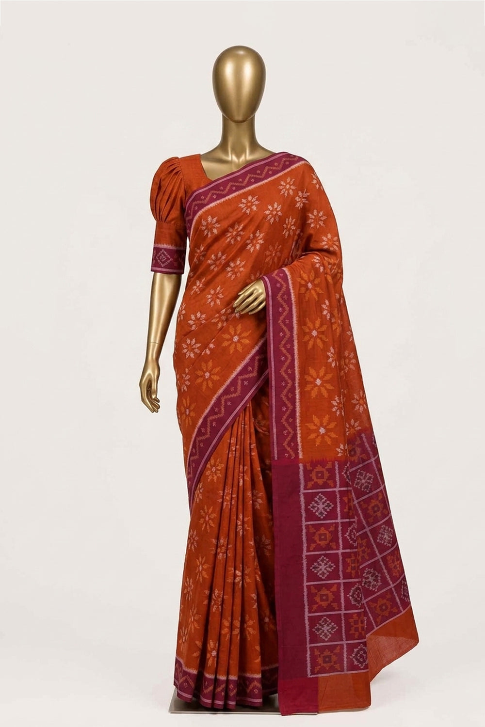 Image of Orange Pochampally Ikat Cotton Saree