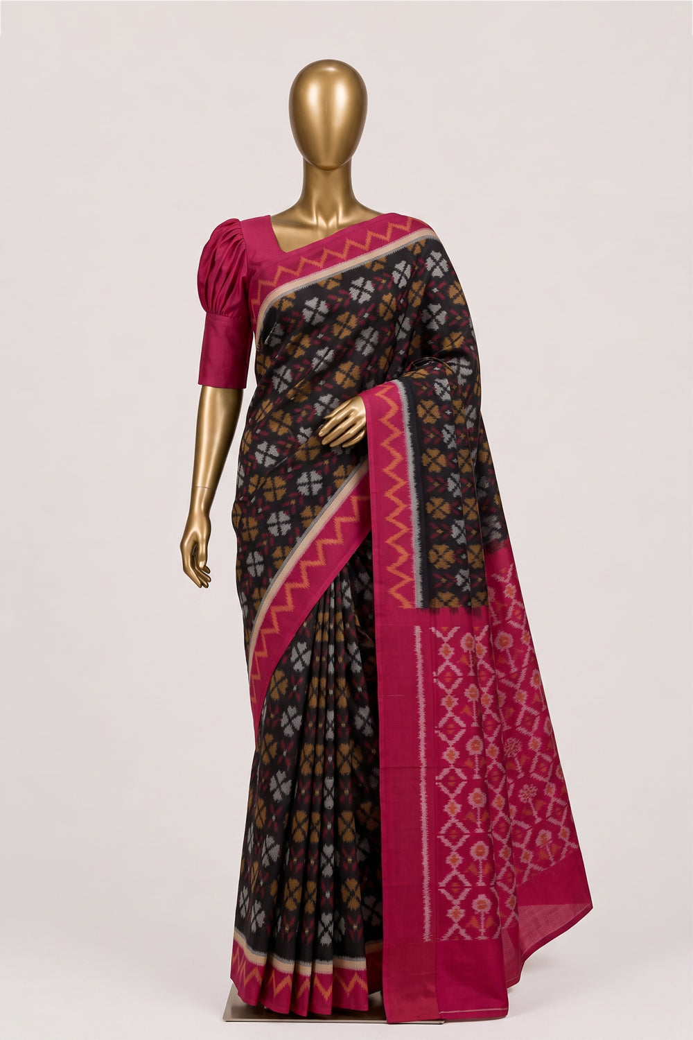 Image of Black Pochampally Ikat Cotton Saree