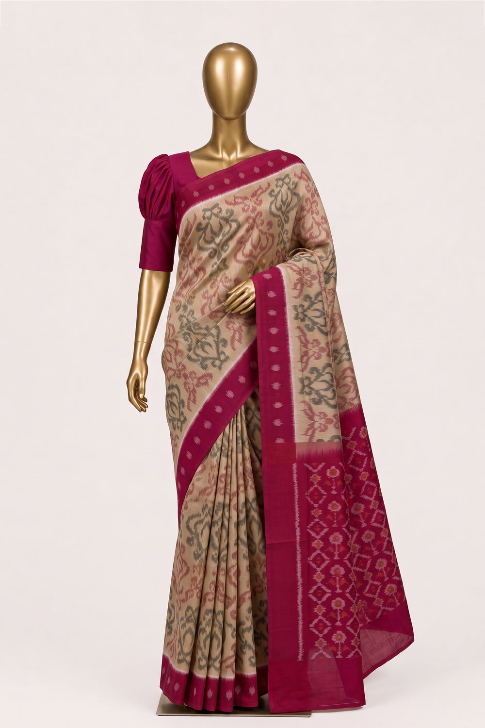 Image of Beige Pochampally Ikat Cotton Saree