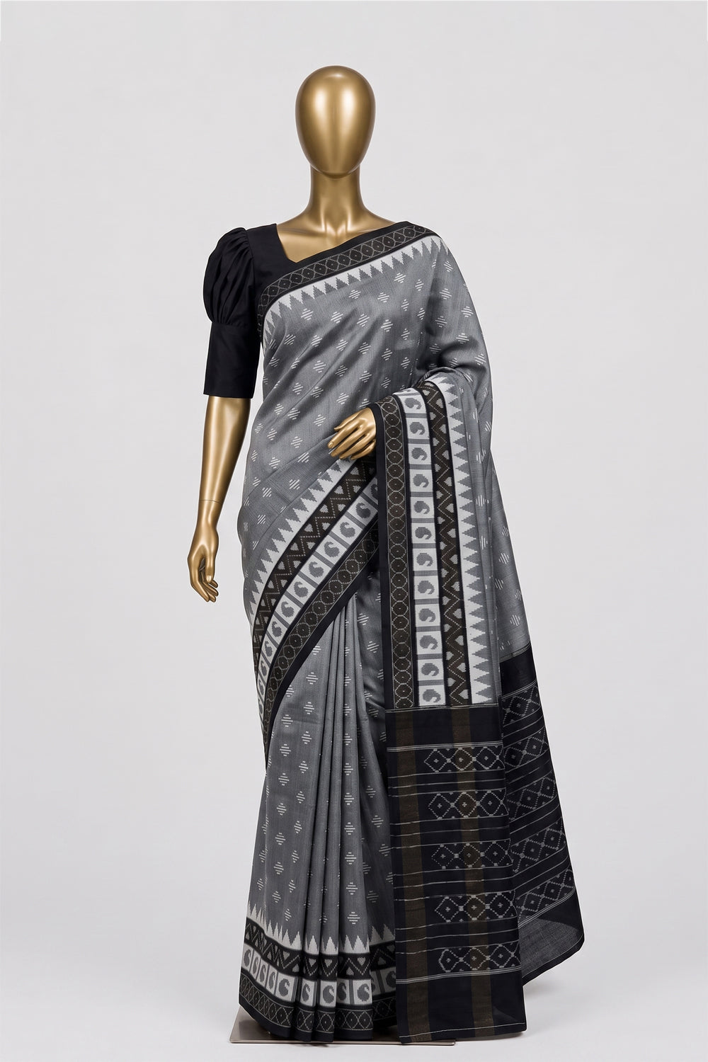 Image of Grey Pochampally Ikat Cotton Saree