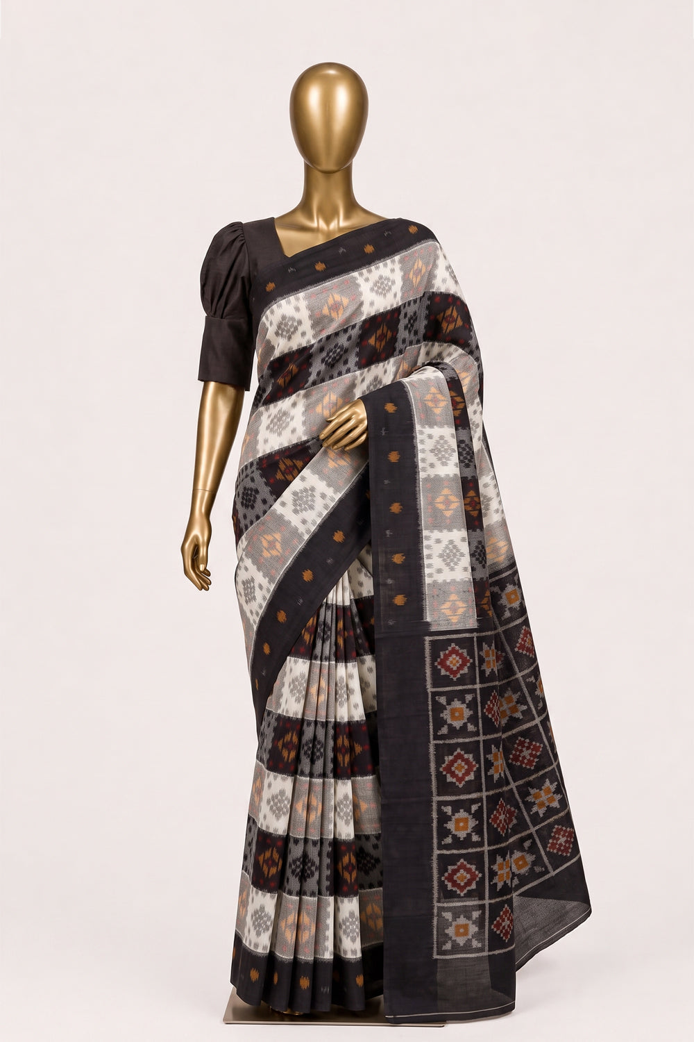 Image of Black Pochampally Ikat Cotton Saree