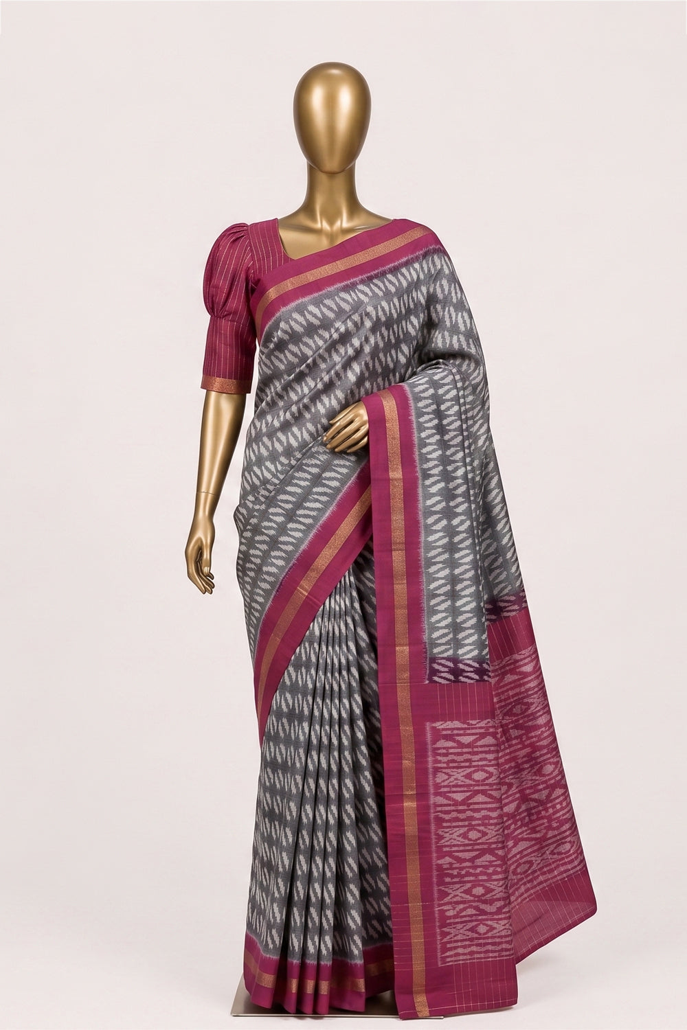 Image of Grey Pochampally Ikat Cotton Saree