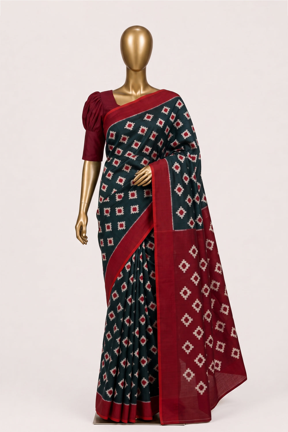 Image of Green Pochampally Ikat Cotton Saree