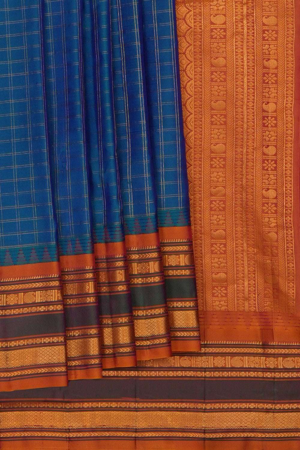 Image of Blue Gadwal Silk Kattam Saree