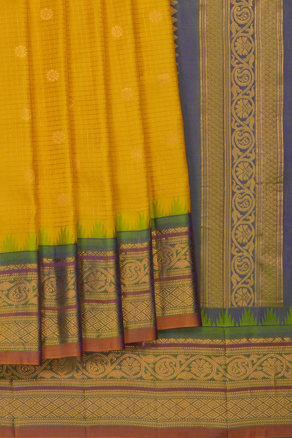 Image of Yellow Gadwal Silk Kattam Saree