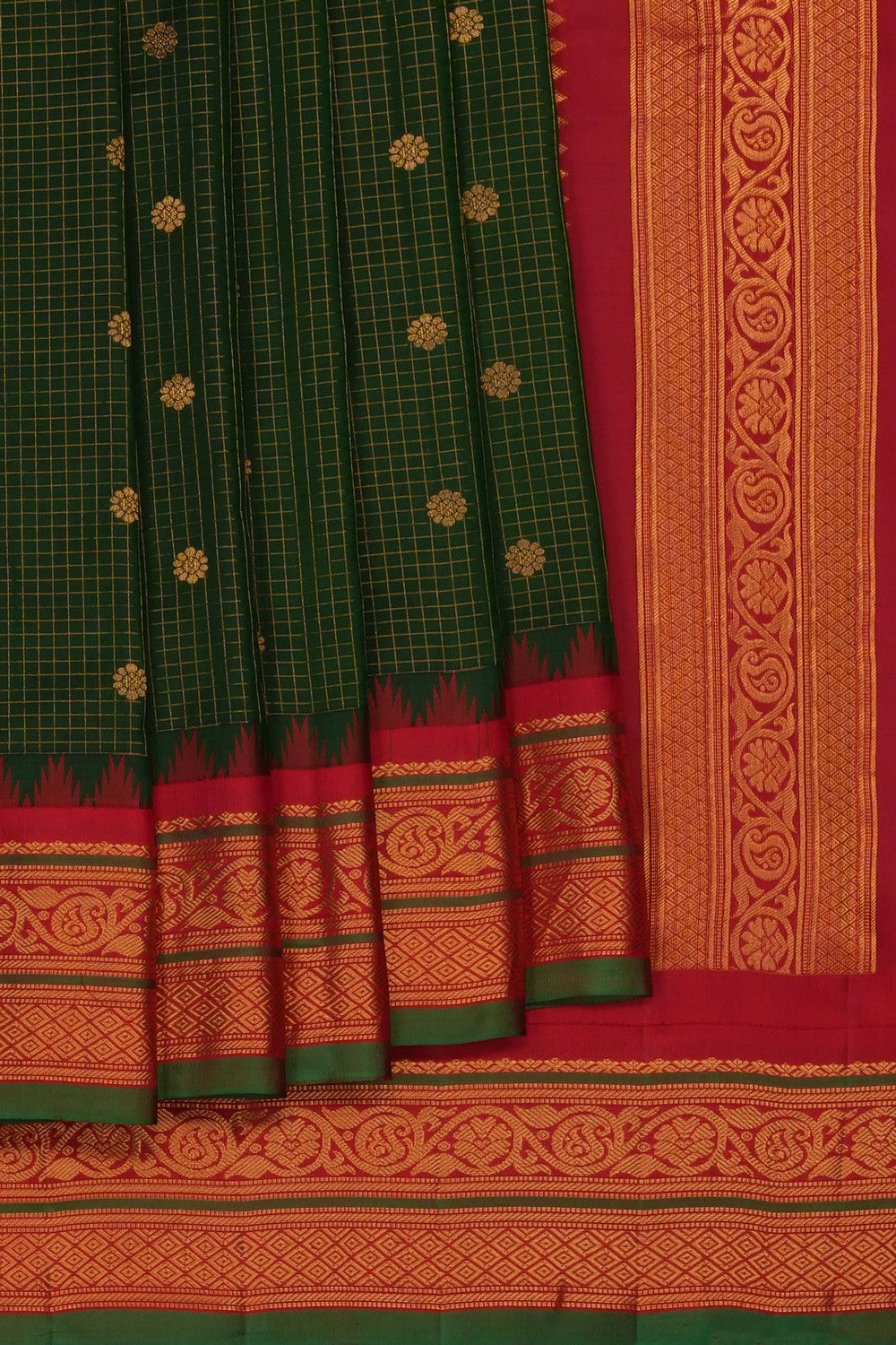 Image of Green Gadwal Silk Kattam Saree