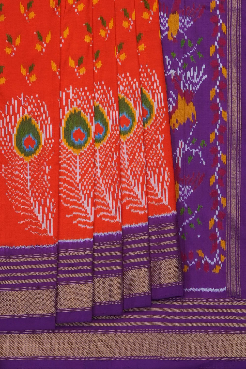 Image of Orange Pochampally Ikat Silk Saree
