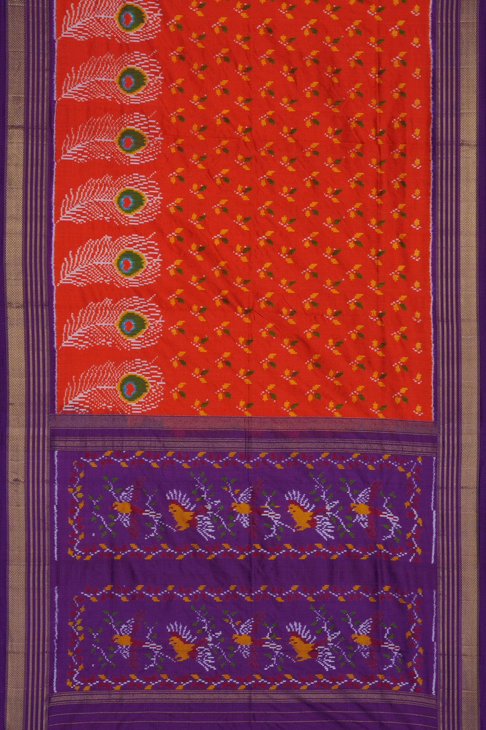 Image of Orange Pochampally Ikat Silk Saree