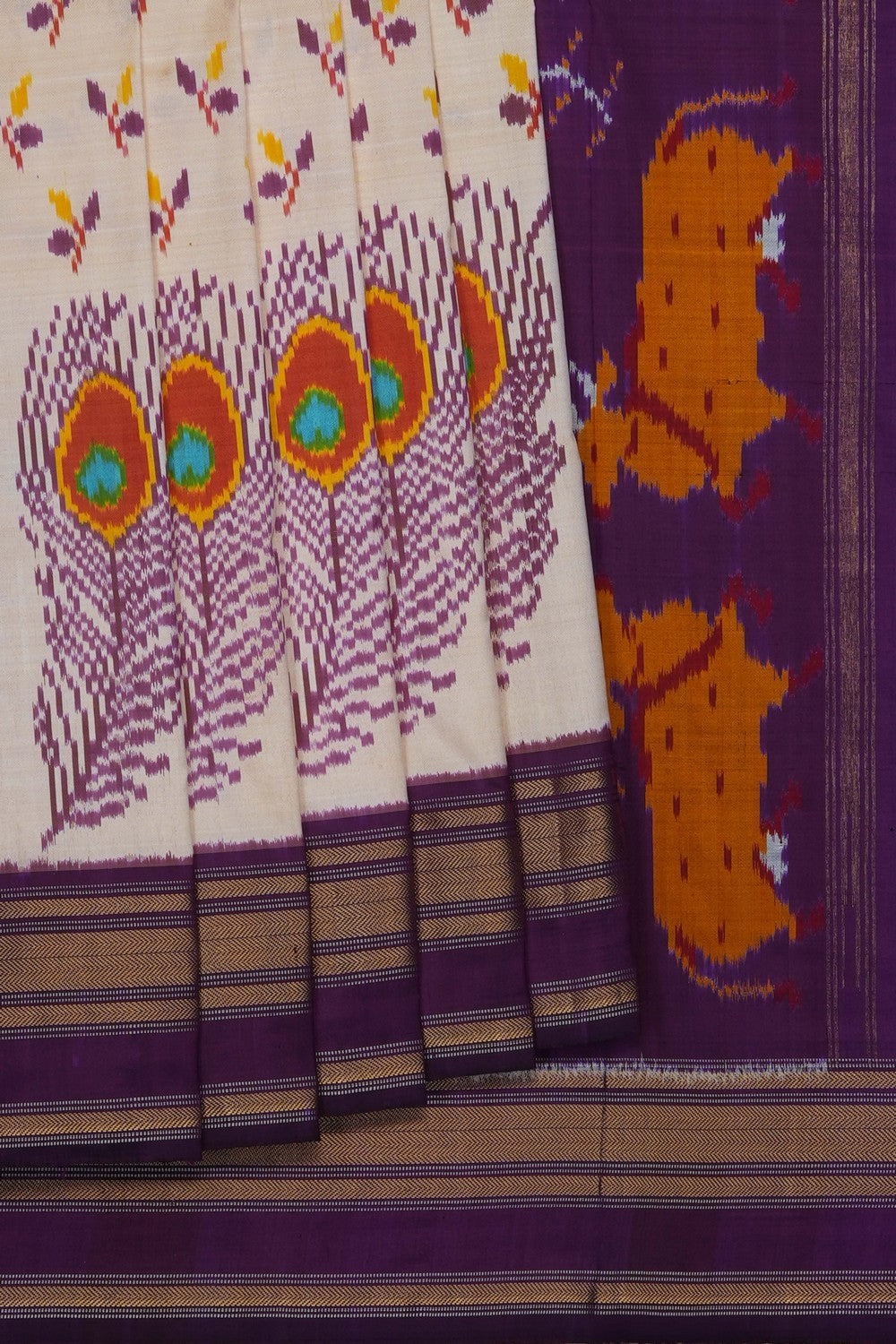 Image of Off-White Pochampally Ikat Silk Saree