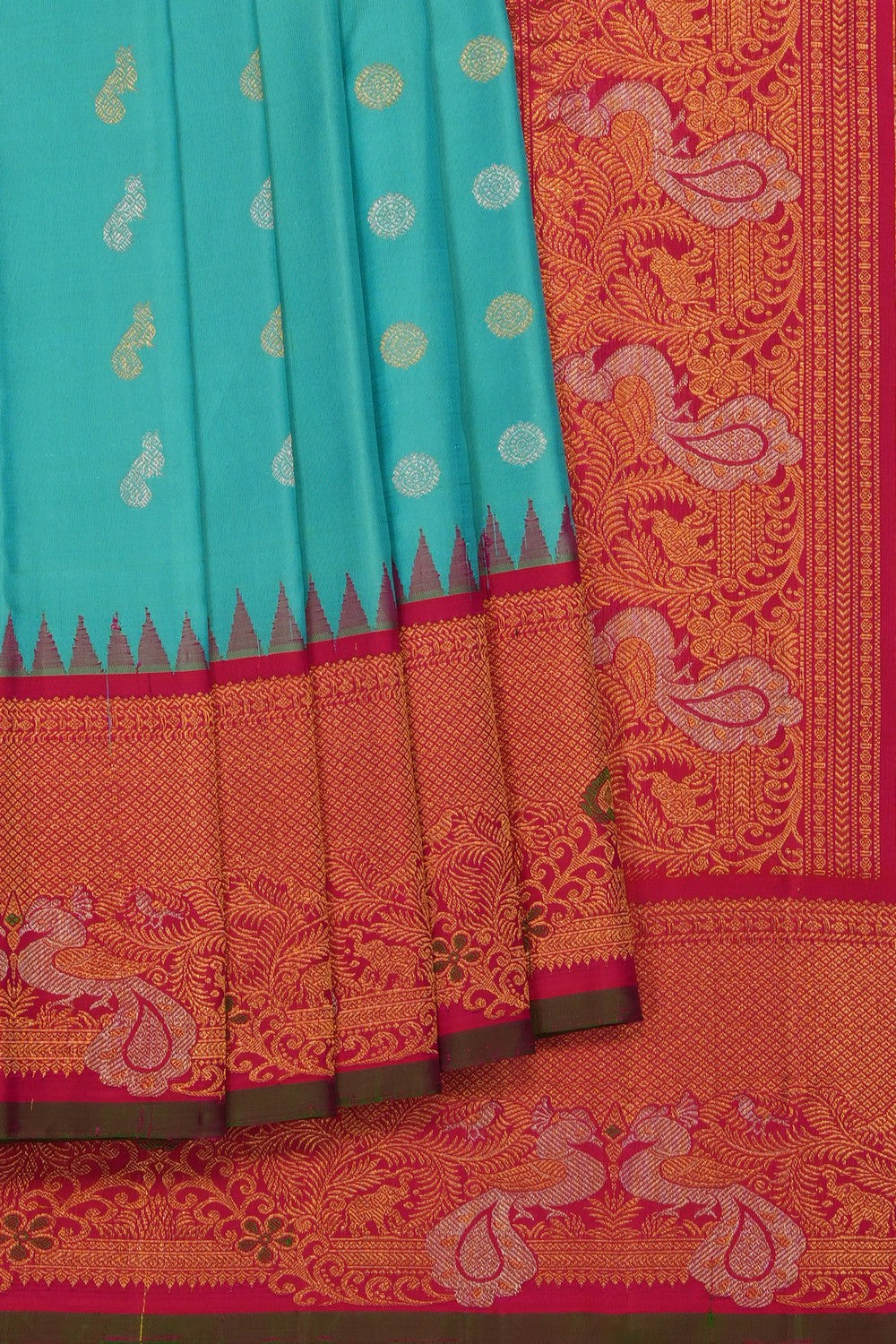 Image of Turquoise-Blue Gadwal Silk Saree