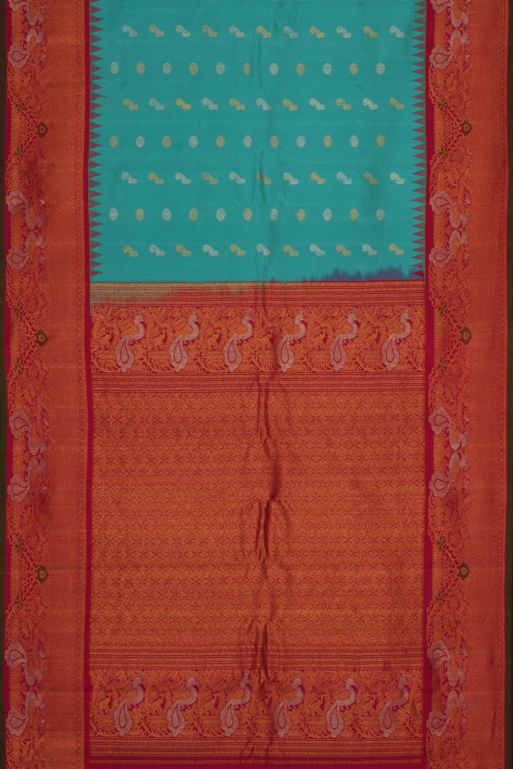 Image of Turquoise-Blue Gadwal Silk Saree