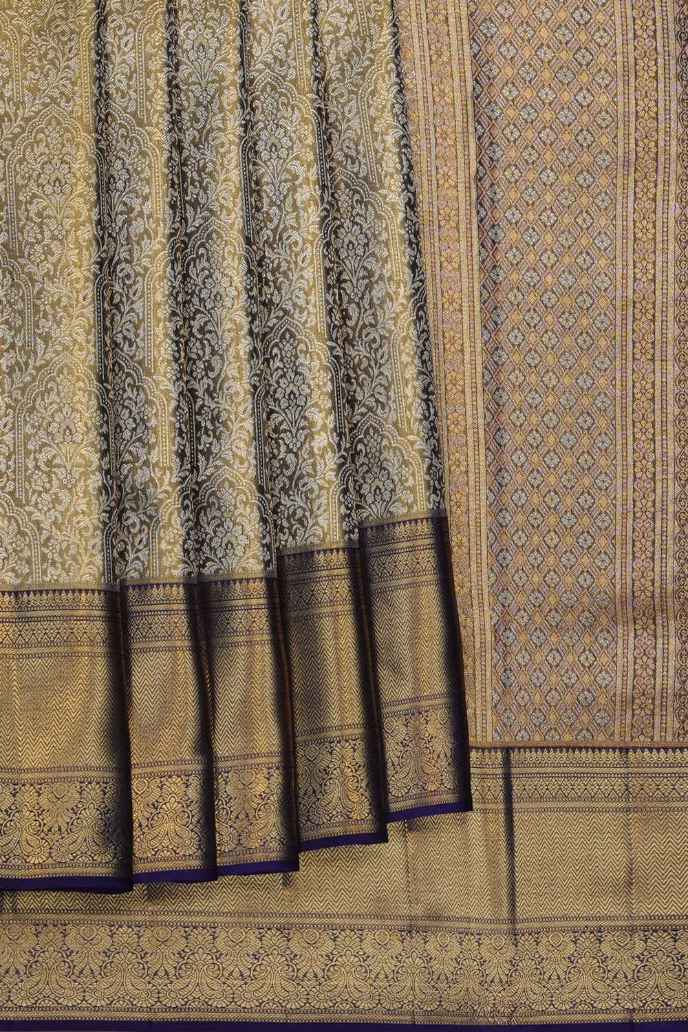 Image of Navy Blue Kanchipattu Tissue Brocade Saree
