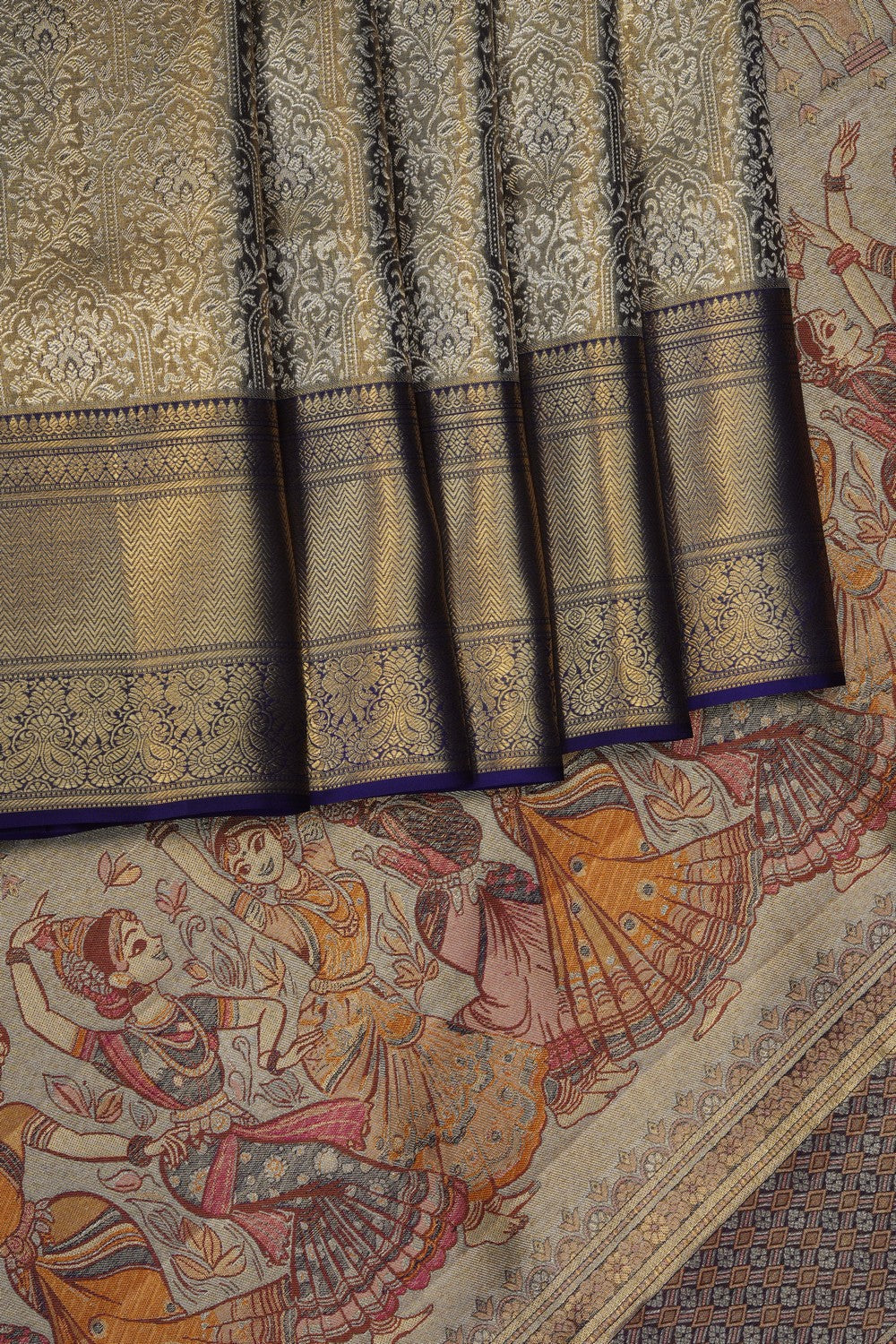 Image of Navy Blue Kanchipattu Tissue Brocade Saree