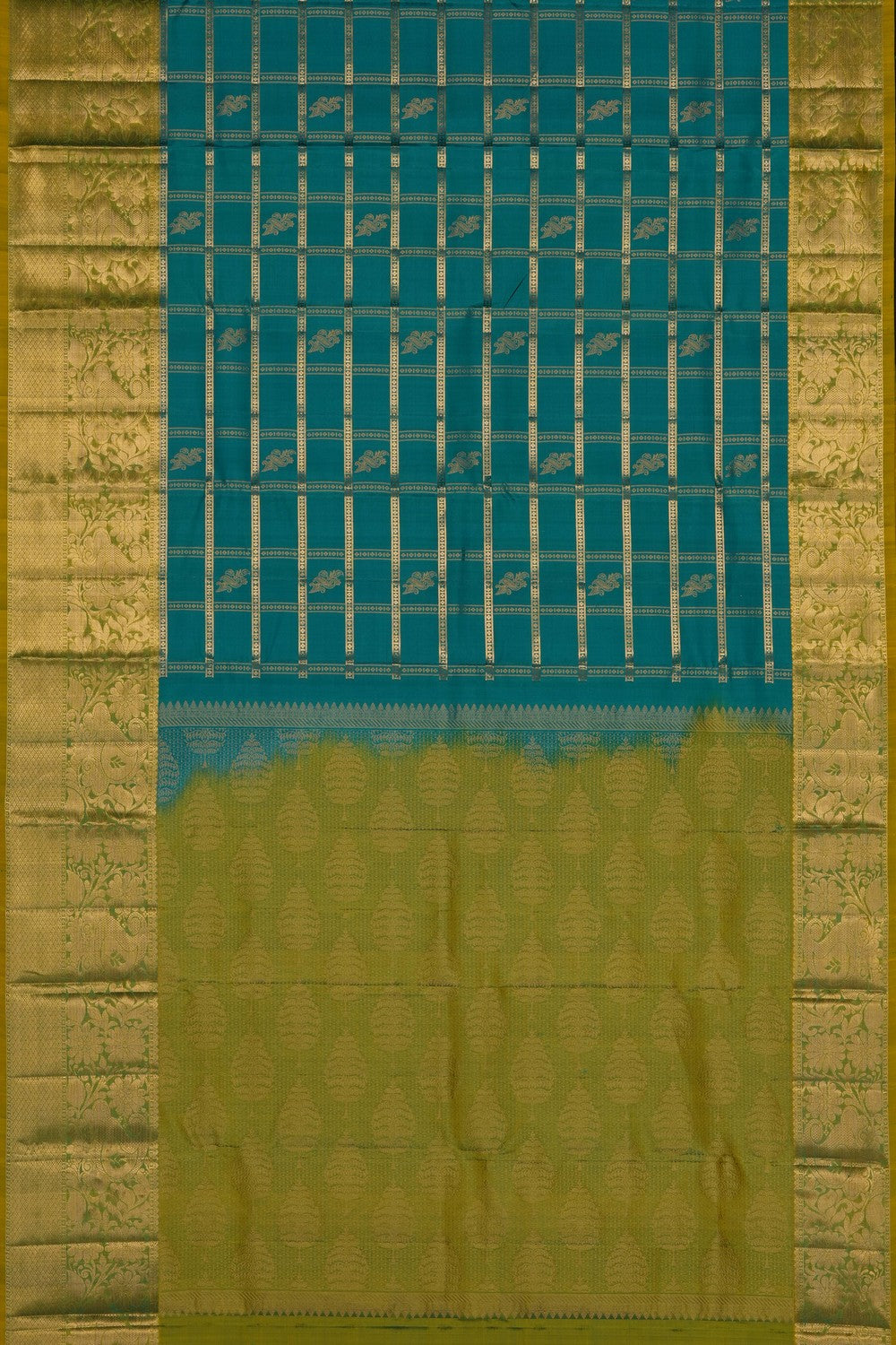 Image of Teal Green Kanchi Silk Kattam Saree